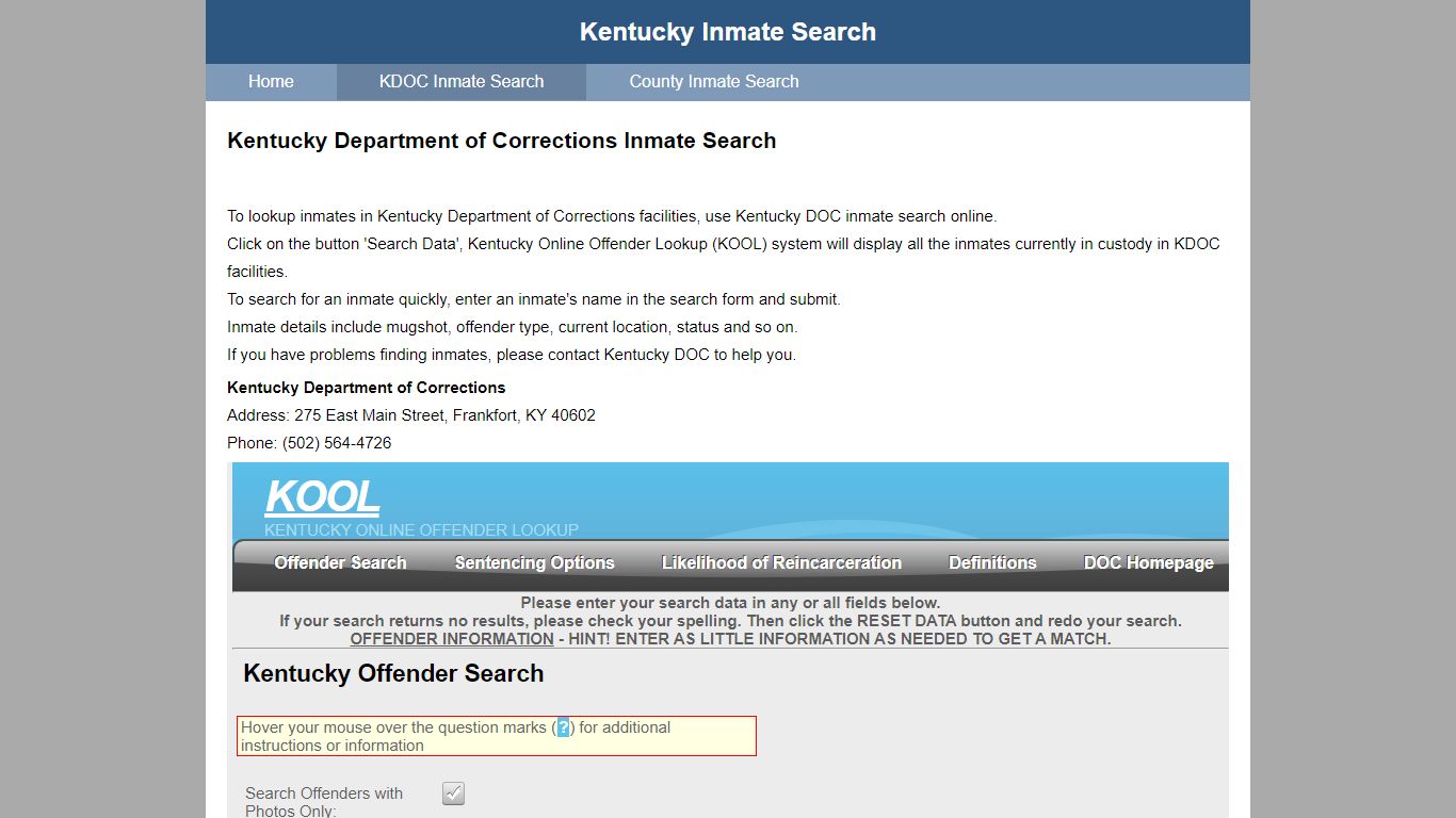 Kentucky Department of Corrections Inmate Search